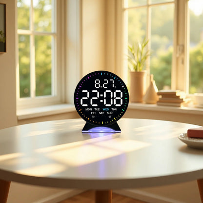 LED Digital Alarm Clock with Adjustable Brightness — Week, Date & Seconds Display, 2 Alarms, 12/24H Table Clock with Ambient Light