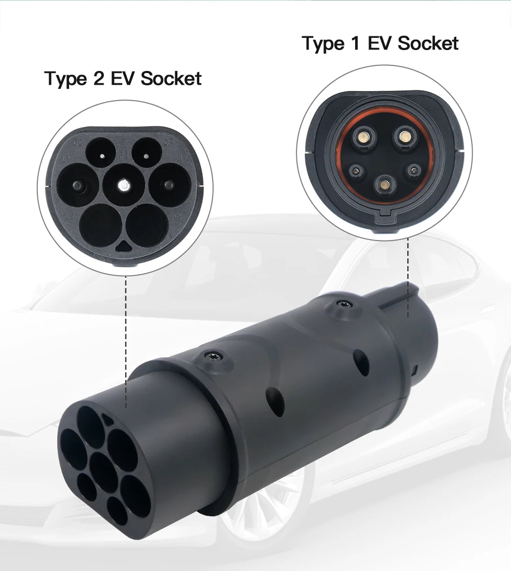 Kolanky Type2 to Type1 EV Charger Adapter – IEC 62196, 16A/32A J1772 Converter for Electric Vehicle Charging Connector