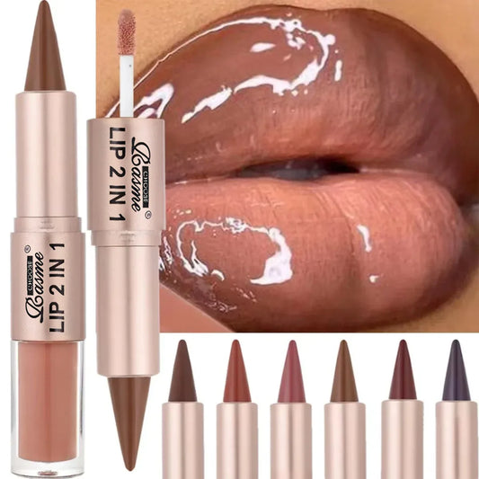 2-in-1 Tapered Lip Liner Pen - Waterproof Nude Brown Lip Contour & Matte Gloss Makeup