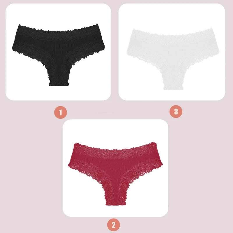3PCS Lace Seamless Cotton Panties - Ribbed Brazilian Low Waist, Breathable Women’s Underwear, Plus Size Lingerie