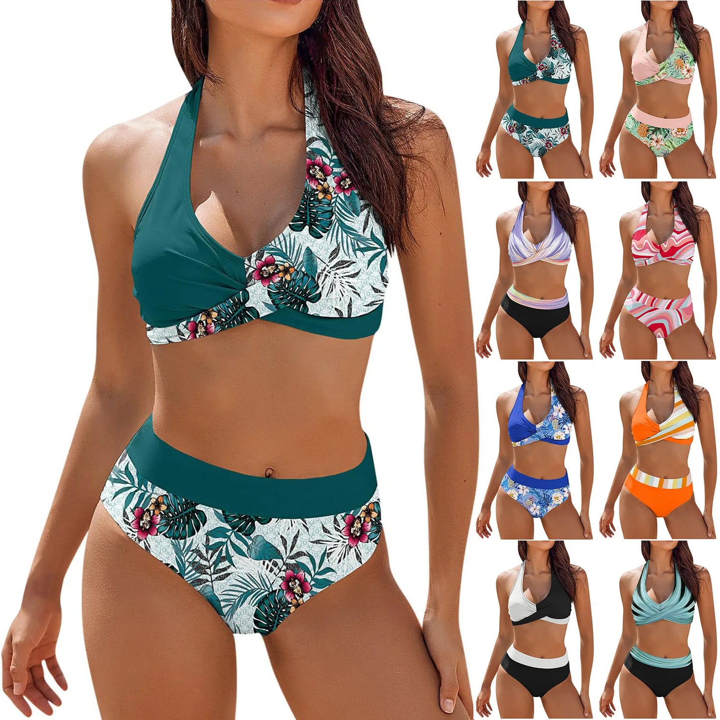 Floral Colour Block High Waist Bikini – Women's Two-Piece Swimsuit Teen Beachwear 2024 Trend