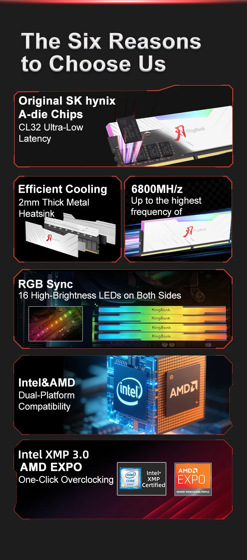 KingBank DDR5 RGB White Memory – 16GBx2/32GB 6800MHz Hynix A-Die UDIMM Dual Channel for Desktop PC
