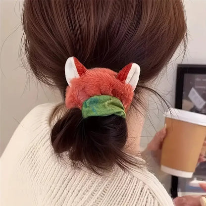 2Pcs Kawaii Fluffy Bunny Fox Scrunchies - Cartoon Animal Ear Hair Ties for Girls and Women