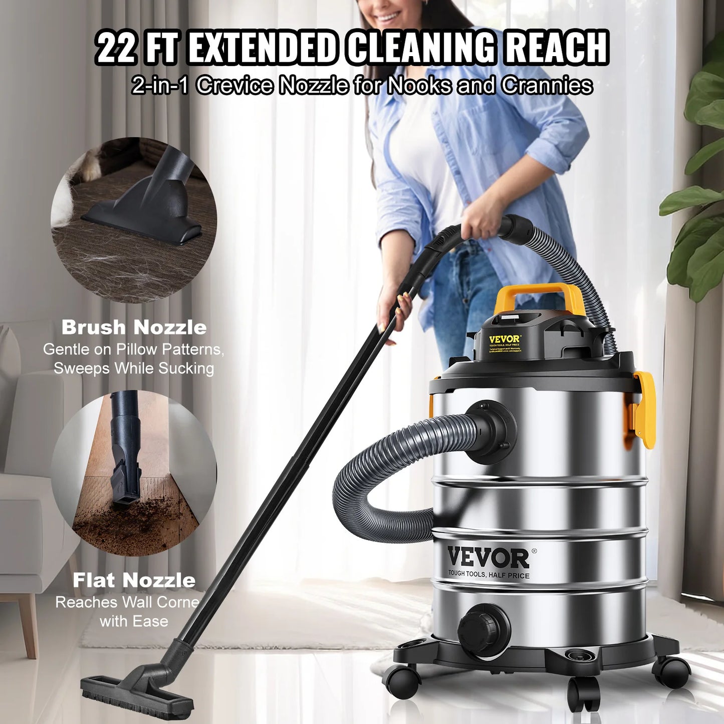 VEVOR Stainless Steel Wet Dry Shop Vacuum - Powerful Small Shop Vac for Carpet, Debris & Pet Hair
