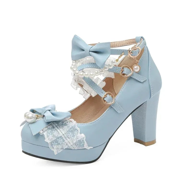 Women’s Cross Strap Mary Jane High Heels – Party, Wedding, Cosplay Lolita Pumps in White, Pink, Black, Strawberry Bow 2025