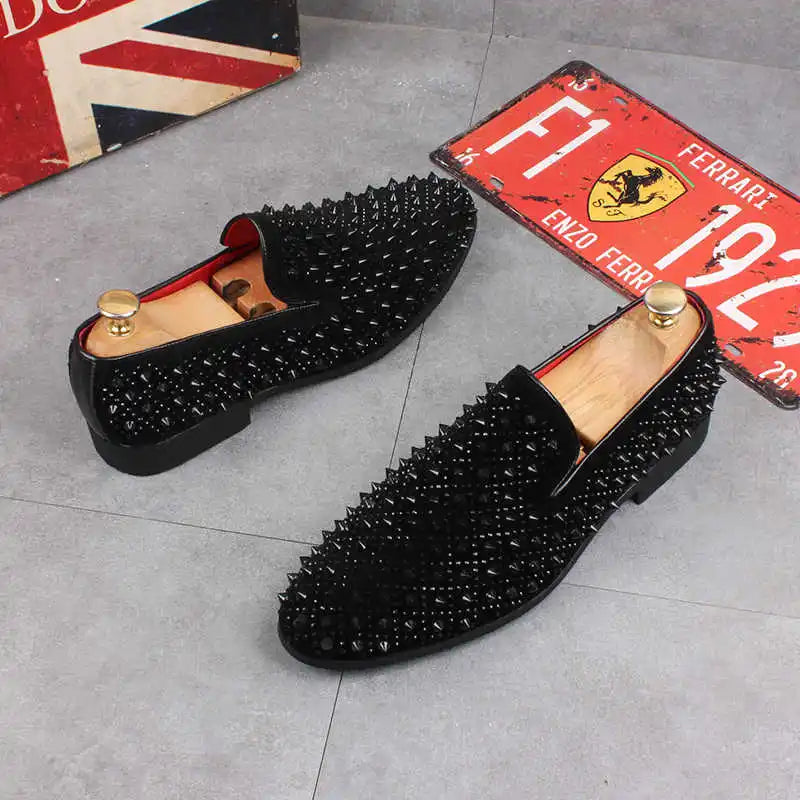 Men’s Luxury Rhinestone Loafers - Rivet Patchwork Casual Wedding, Prom and Formal Dress Shoes