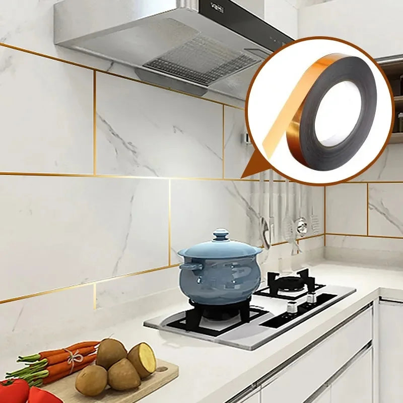 50M Gold Black Self-Adhesive Tile Stickers Tape - Waterproof Floor & Wall Gap Sealing Strip - Beautify Your Home with Tile Seam Sticker Decoration