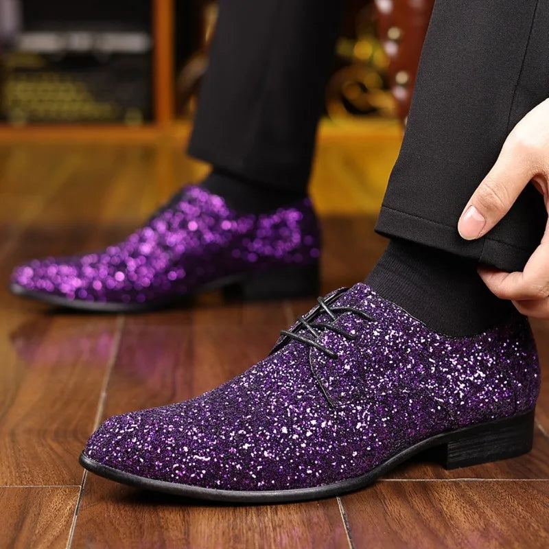 Men’s Luxury Sequin Oxford Dress Shoes - Gold & Silver Lace-Up Wedding Flats Large Size