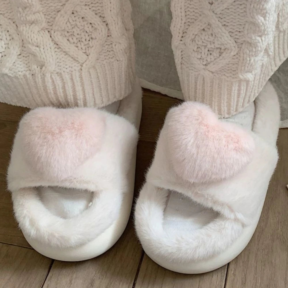 3D Love Single Band Women’s Winter Slippers – Soft Heel Platform, Warm & Fluffy Indoor Home Shoes