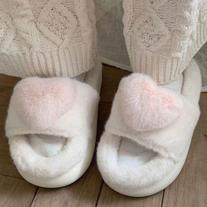 3D Love Single Band Women’s Winter Slippers – Soft Heel Platform, Warm & Fluffy Indoor Home Shoes