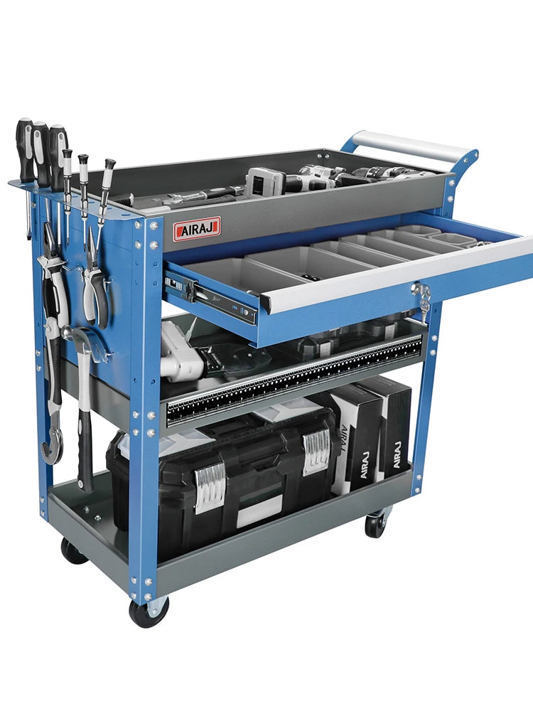 AIRAJ 3-Tier Rolling Tool Cart on Wheels - 440 lbs Capacity Storage for Garage & Warehouse, Available in Blue/Black/Red