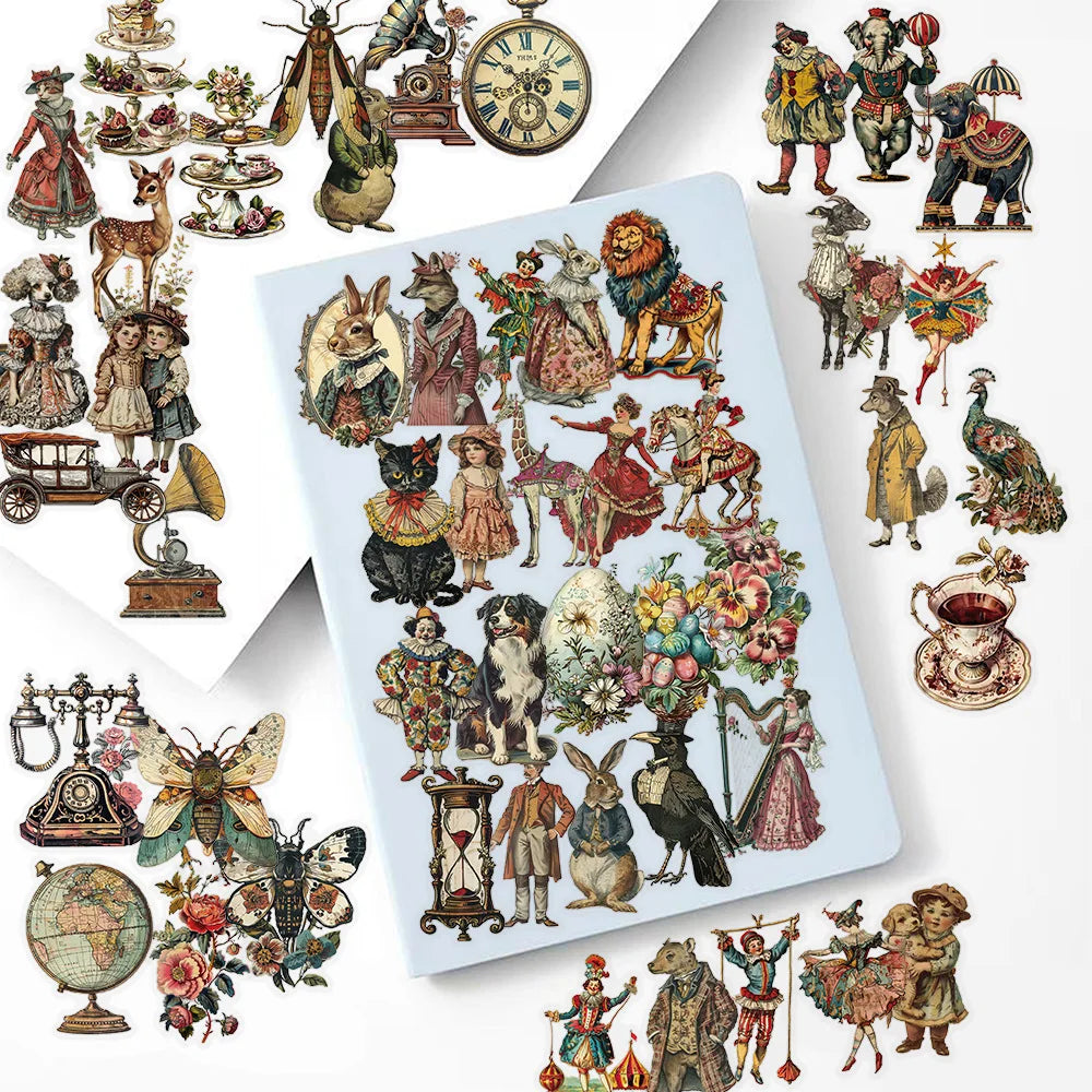50-Piece Victorian Vintage PET Stickers - Transparent Waterproof DIY Decals for Laptops, Bicycles, Guitars and Skateboards