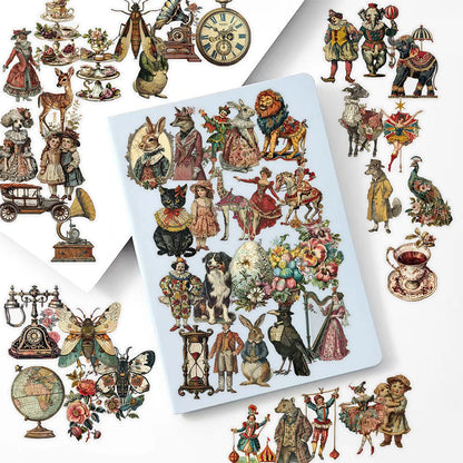50-Piece Victorian Vintage PET Stickers - Transparent Waterproof DIY Decals for Laptops, Bicycles, Guitars and Skateboards
