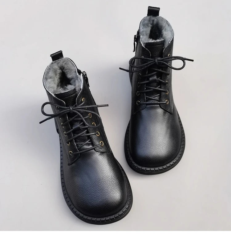 Careaymade 100% Genuine Leather Wide Casual Women’s Short Boots – Big Size, Handmade Men’s Wool Boots
