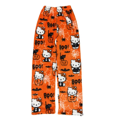Kawaii Hello Kitty Flannel Pajama Pants – Warm Woolen Anime Trousers for Women, Cute Autumn Loungewear Gift
