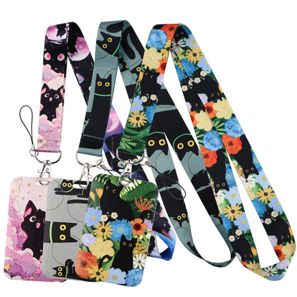 LX1293 Cartoon Black Cat Lanyard – Keychain, ID & Credit Card Holder, Phone Charm Neck Strap, Badge Accessories