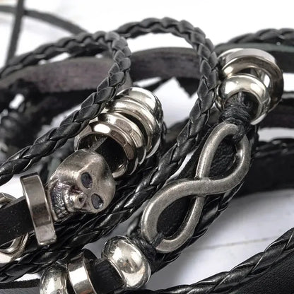 5PCS Punk Bracelet Set - DIY Braided PU Leather Beaded Metal Wristbands