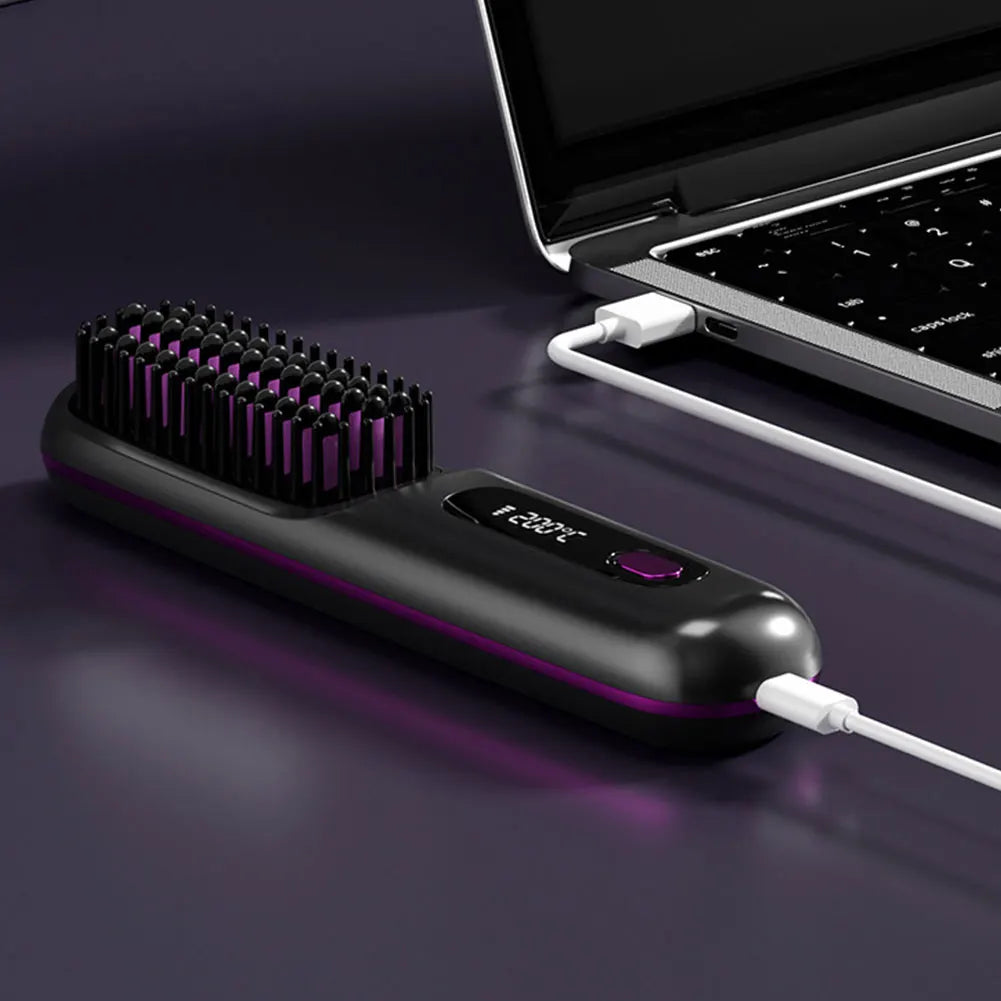 Cordless Hair Straightener Brush – Anti-Scald Electric Hot Comb with 3 Temperature Settings