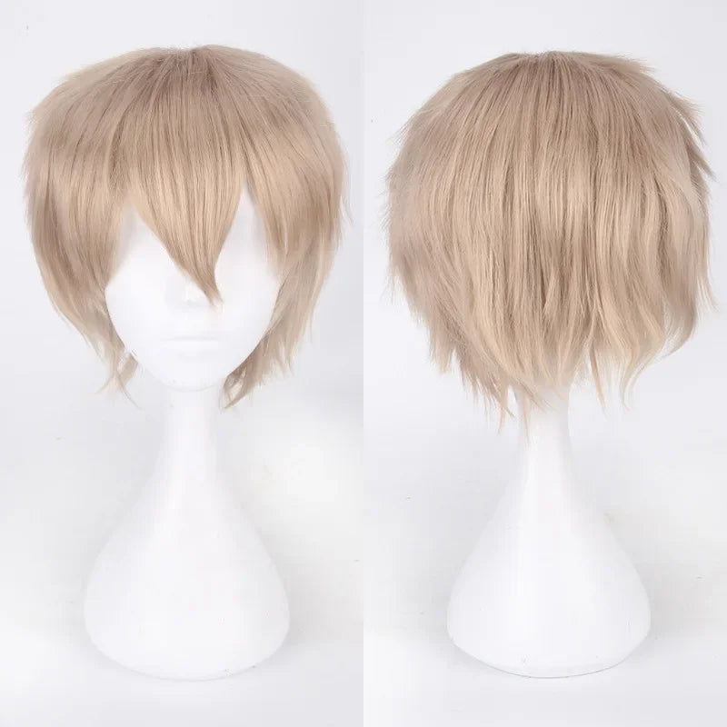 Unisex Synthetic Anime Cosplay Wig – Short Straight Heat-Resistant Hair in Red, White, Pink, Gray & Brown