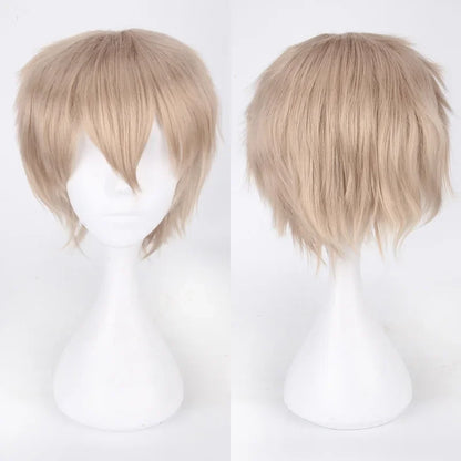 Unisex Synthetic Anime Cosplay Wig – Short Straight Heat-Resistant Hair in Red, White, Pink, Gray & Brown