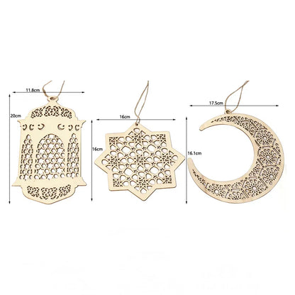 3Pcs Eid Mubarak Wooden Hanging Star Moon Pendants - DIY Ornament for Ramadan Kareem Home Decor and Gifts