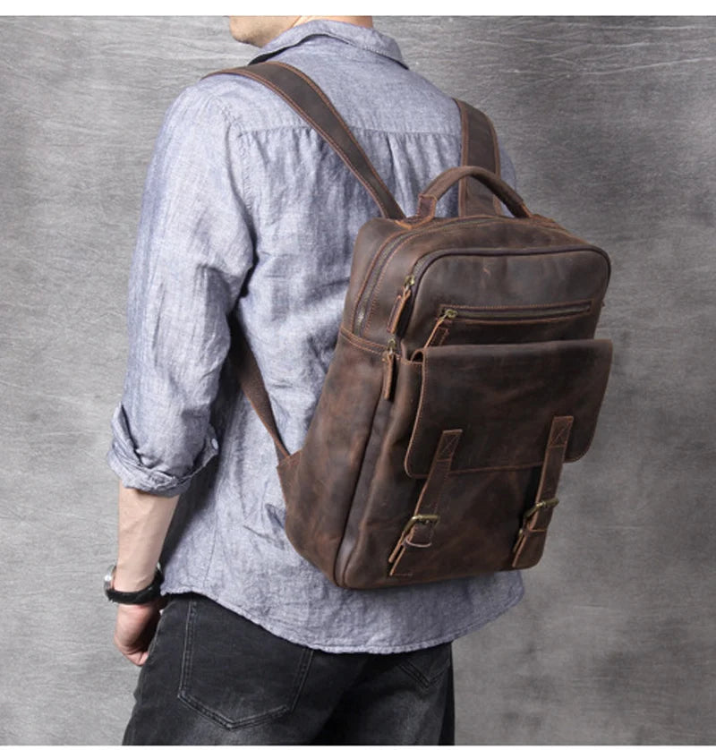 Vintage Crazy Horse Leather Backpack for Men — 17" Laptop Travel Rucksack Cowhide Hiking Bag M815