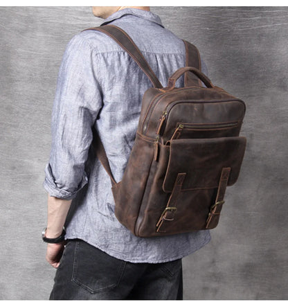 Vintage Crazy Horse Leather Backpack for Men — 17" Laptop Travel Rucksack Cowhide Hiking Bag M815