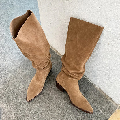 2025 Women's Knee-High Suede Boots – Retro Pointed Toe, Square Heel Slip-On