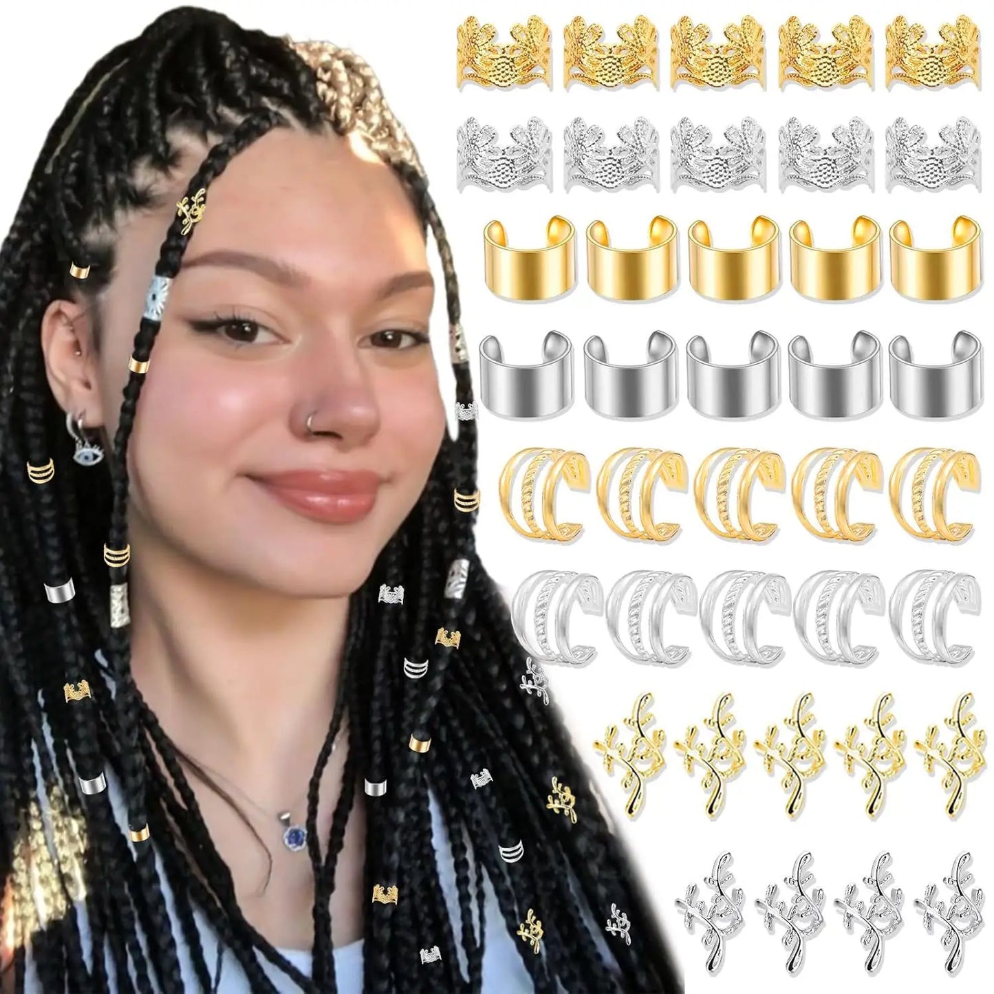 32-60PCS Human Hair Braiding Rings Kit — Gold, Silver & Wood Dreadlock Accessories Set for Men & Women Hair Styling