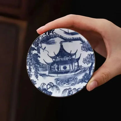 70ML Handmade Blue & White Porcelain Tea Cup – Dragon, Phoenix & Fish Pavilion Design for Chinese Kungfu Tea Ceremony