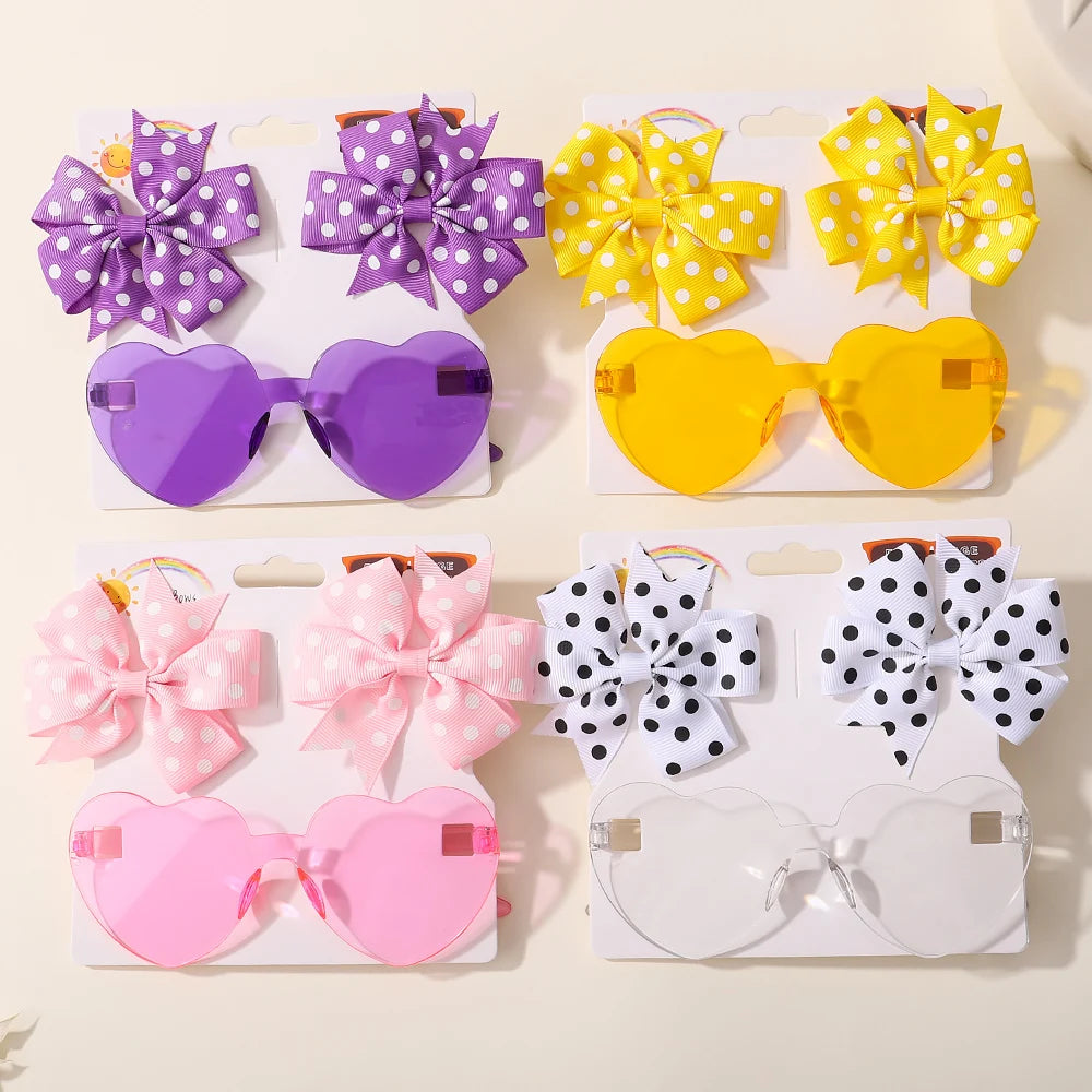 3Pcs/Pack Solid Dot Hair Bows – Colorful Boutique Bowknot Clips for Girls, Heart & Sunglasses Hair Accessories