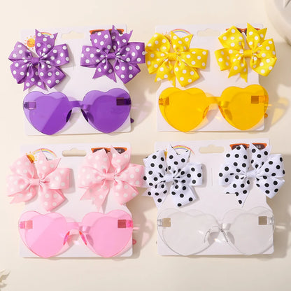 3Pcs/Pack Solid Dot Hair Bows – Colorful Boutique Bowknot Clips for Girls, Heart & Sunglasses Hair Accessories