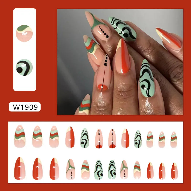24pcs Goldfish Pattern Almond Press-On Nails – Simple Nude Pink Wearable Detachable False Nail Manicure Set