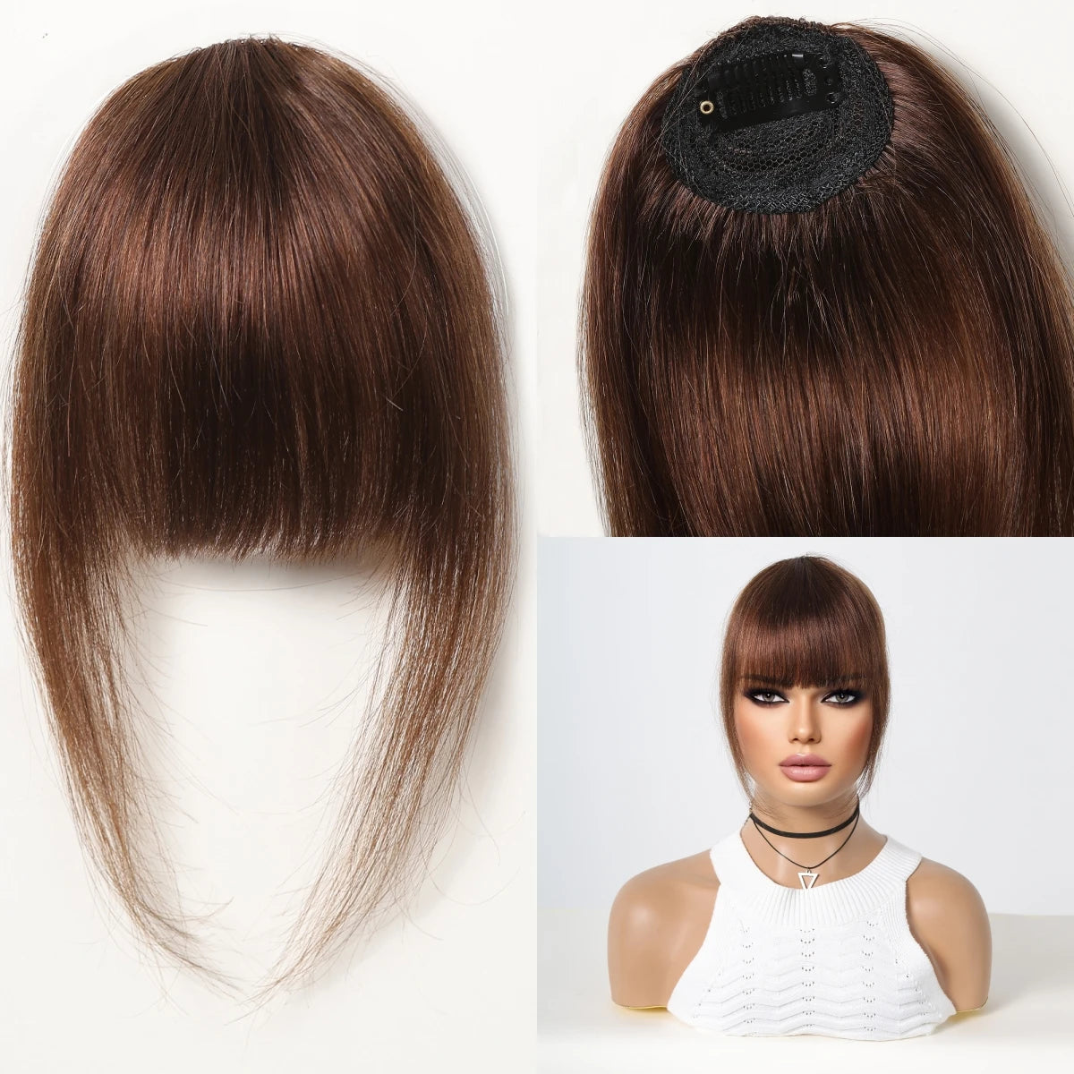 100% Human Hair Clip-In Bangs - Natural Brown Wispy Fringe with Temples, 4.5in Air Bang Hairpiece for Women