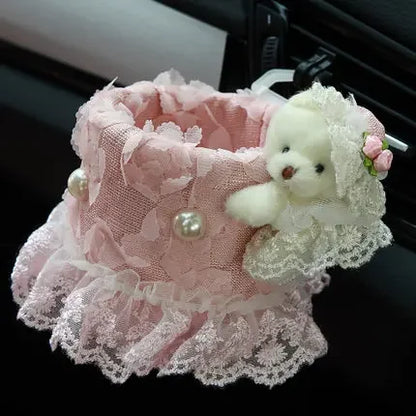 Pink Car Interior Accessories Set - Lace Steering Wheel Seat Belt Gear Shift And Mirror Covers For Women