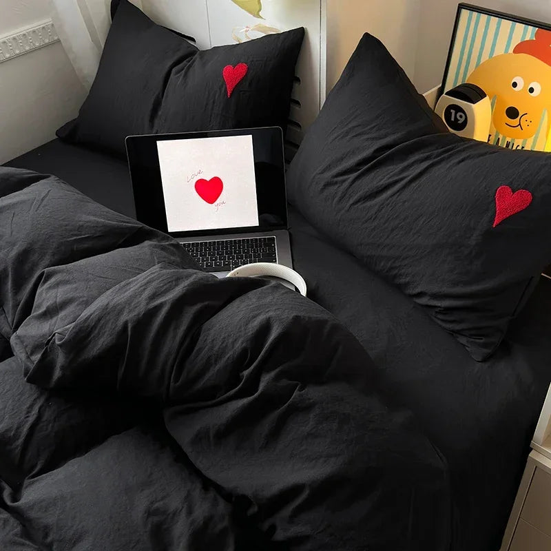 Washed Cotton Bedding Set - Soft Cool Duvet Cover, Bed Sheet & Heart-Shaped Towel Set
