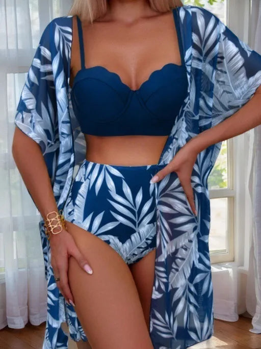 Elegant 3-Piece Vintage Bikini Set for Women – High Waist Swimsuit with Mesh Cover-Up 2025 Bathing Suit