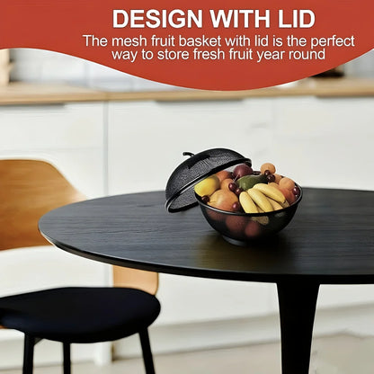 Metal Fruit Basket with Mesh Cover - Kitchen Storage Rack for Home & Outdoor Use