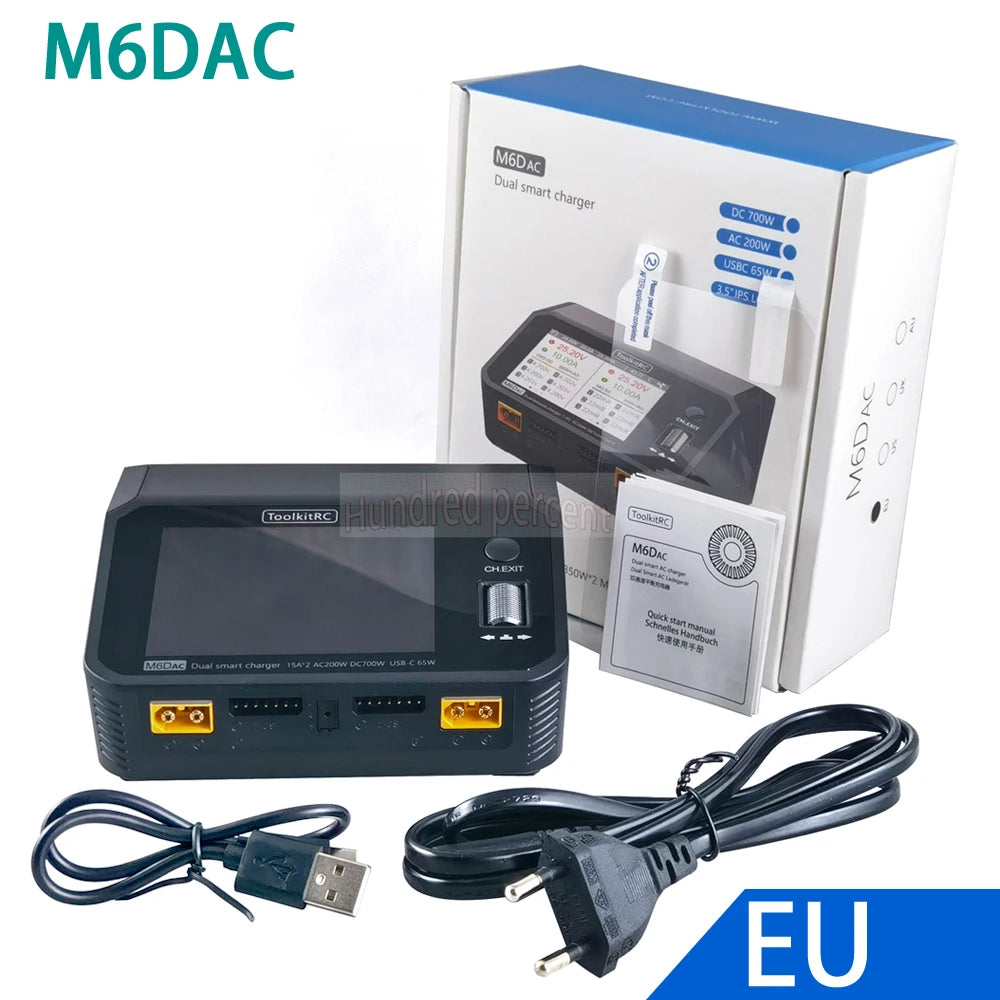 ToolkitRC M6DAC Dual Channel Smart LiPo Battery Charger – 200W AC, 350W DC x2, 15A for 1-6S LiHV PD 65W Discharger