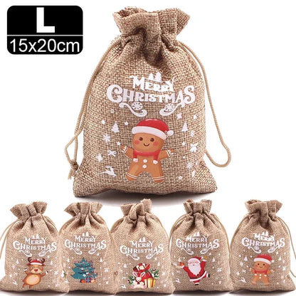 Christmas Linen Drawstring Bags – Cartoon Santa & Snowman Candy Gift Pouches for Xmas Party Packaging