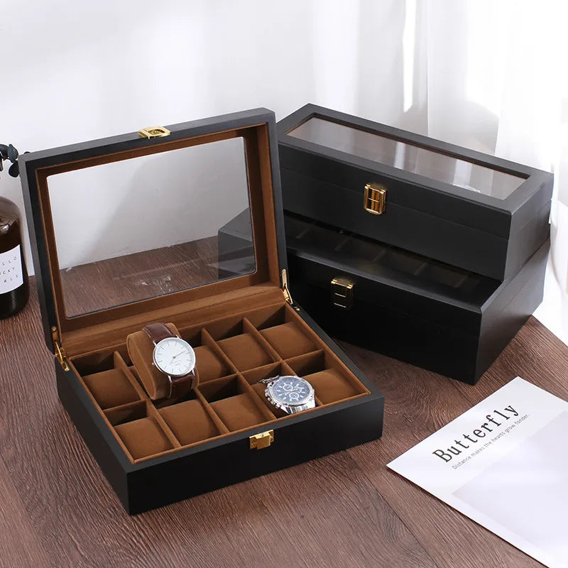 Handmade Wood Watch Box — 6/10/12 Grid Display Case & Jewelry Holder, Organizer for Watches Storage