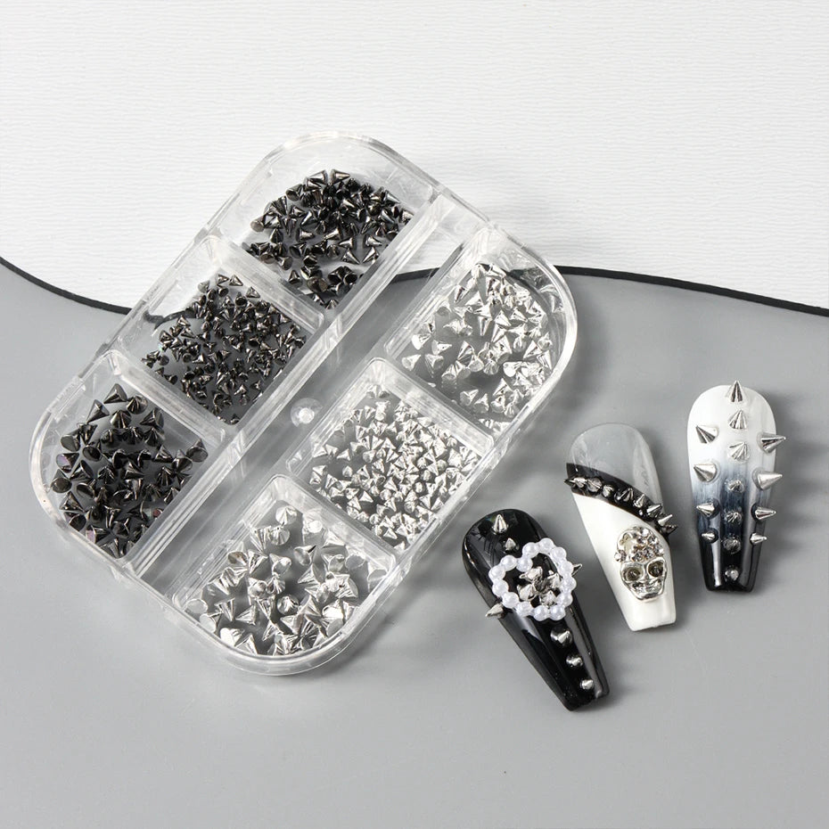 Metallic Rivet Nail Charms - 6-Grid Gold, Silver & Black Punk Spike Studs for Nail Art & DIY Designs