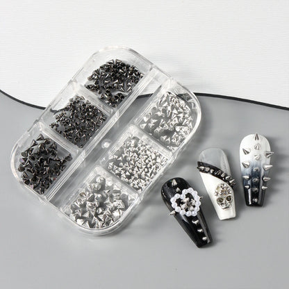 Metallic Rivet Nail Charms - 6-Grid Gold, Silver & Black Punk Spike Studs for Nail Art & DIY Designs