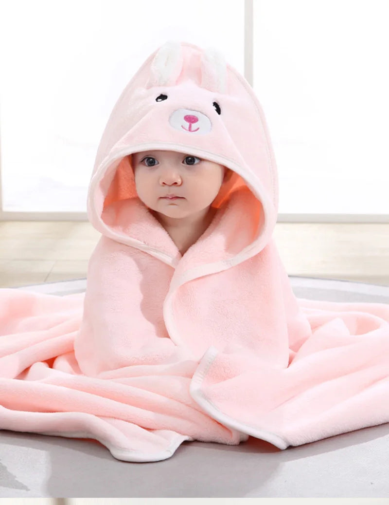 0-3 Years Unisex Baby Bathrobe – Flannel Hooded Cape, Cartoon Design, Newborn Shower Gift, Swaddling Bath Towel for Boys & Girls