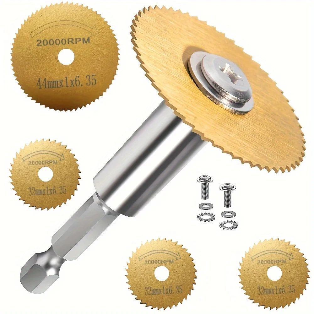 7Pcs HSS Saw Blade Set - Titanium Coated Hex Shank Cutting Discs for Wood, Metal, Tile, Stone, Glass & Plastic