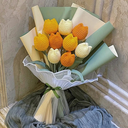 Tulip & Sunflower Knitting Flower Bouquet – Handcrafted Crochet Carnations, DIY Handmade Fake Flowers for Decor