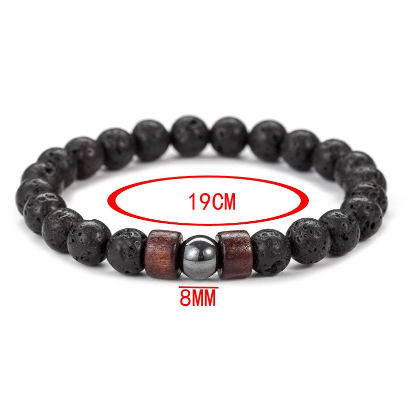 8mm Volcanic Lava Stone Bracelet - Handmade Elastic Beaded Bracelet for Men with Wooden Tibetan Buddha Style