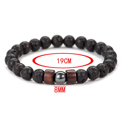 8mm Volcanic Lava Stone Bracelet - Handmade Elastic Beaded Bracelet for Men with Wooden Tibetan Buddha Style