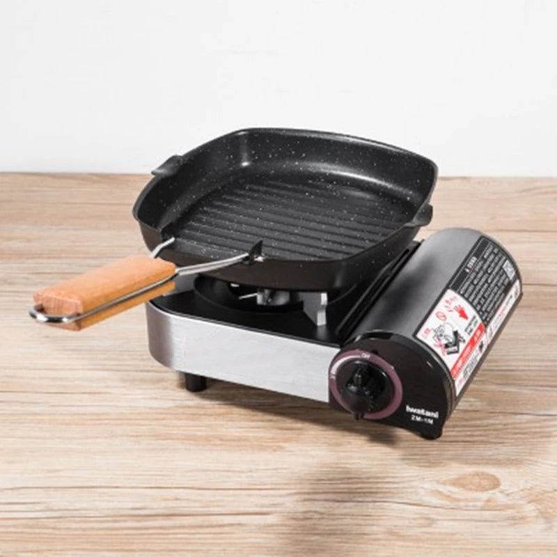 Foldable Portable Grill Pan – Double-Mouth Steak Pan with Anti-Scald Wooden Handle for Outdoor Cooking