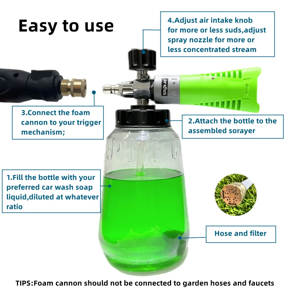 1pc Green Foam Cannon with 1000ml Transparent Bottle: Snow Foam Lance Kit - High Pressure Car Washer Accessory with 1/4 Quick Connect